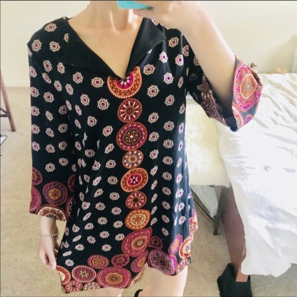 Nicole by Nicole Miller Black Mini Dress with Pink and Orange Medallion Print